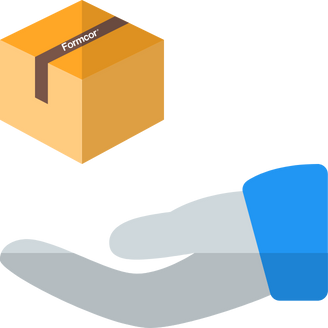 A hand holding a Formcor branded package.