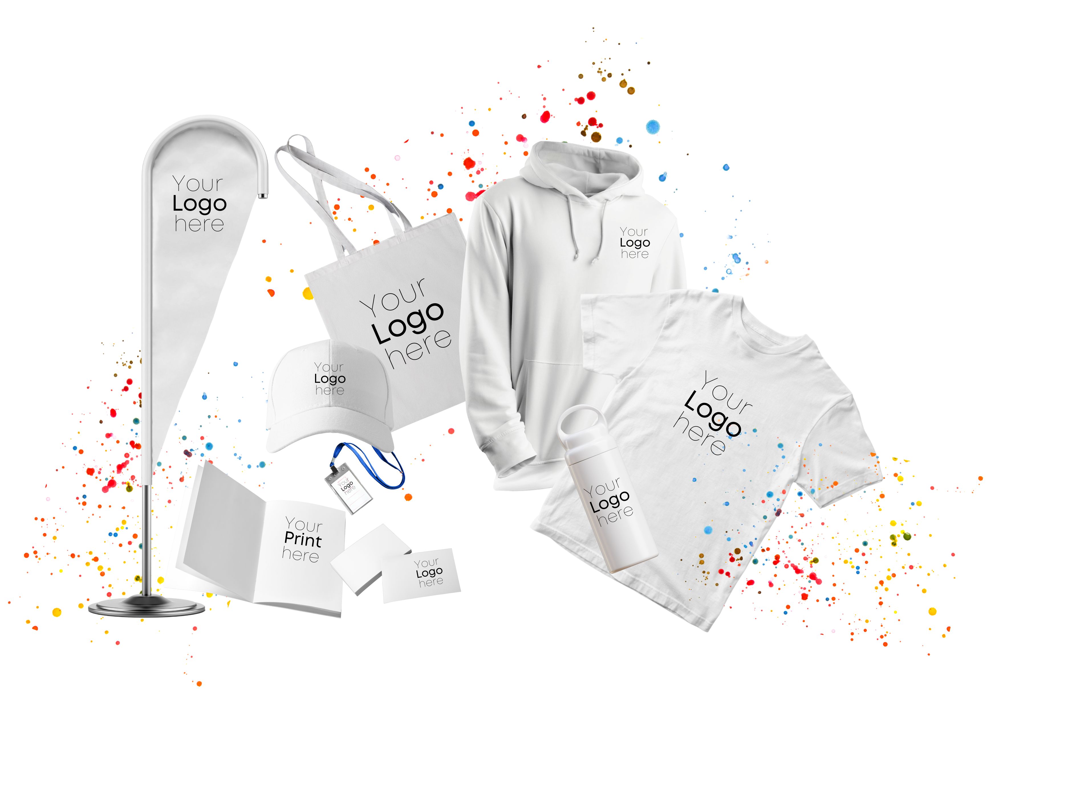 A white shirt, sweater, hat, bag, and water bottle with "Your Logo here in" in black text